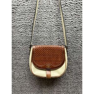 Vintage Bally Womens Leather Brown Woven Magnetic Flap Crossbody‎ Bag Cream
